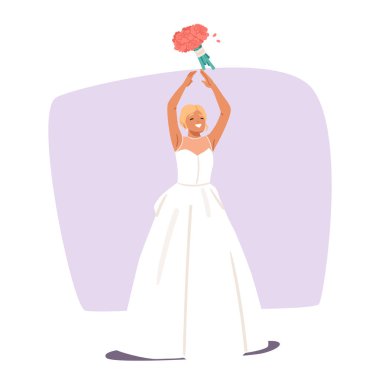 Mutlu gülümseyen gelin beyaz gelinlik giyip hava çizgi filmine gül çiçeği buketi atıyor. Düğün töreni, romantik törensel geleneksel vektör illüstrasyonu. Yeni evli karakter