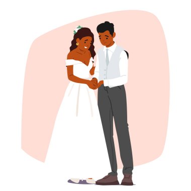 Geleneksel gelinlik giyen romantik gelin ve damat karakterleri bir arada uzun çizgi film portresi gibi duruyorlar. Yeni evli karı koca, mutlu genç balayı vektör illüstrasyonu.