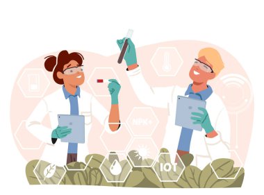 Biyoteknoloji laboratuarı bilim adamları çizgi film karakterleri yeni tür sebze sahnelerini incelemeye ve test etmeye odaklandılar. Tarım araştırmacıları yeni bitkilerin vektör illüstrasyonunu analiz ediyor.