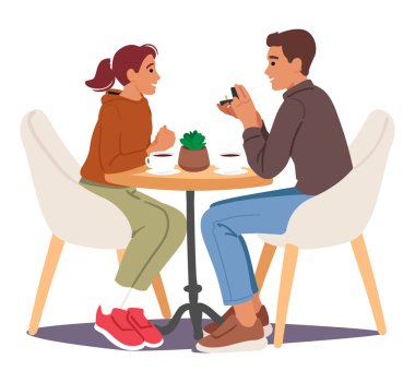 Romantik randevu karikatürü sahnesi sırasında kafede evlilik teklifi. Genç çiftler birbirini seviyor. Erkek arkadaşı, kız arkadaşına nişan yüzüğünü verip vektör illüstrasyonuyla evlenme teklif ediyor.