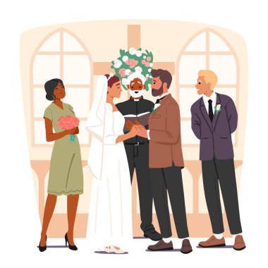 Mutlu gelin ve damat karikatürü sahnesi için papazla kilisede geleneksel düğün töreni. Genç aile yaratma vektör çizimi için Hıristiyan kutsal ayini. Aşkın romantik performansı