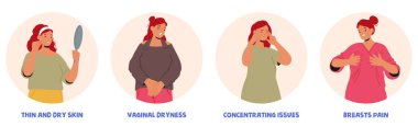 İnce kuru derili bir kadın, vajinal kuruluk, konsantrasyon sorunları, göğüs ağrısı menopozu semptomları izole edilmiş yuvarlak portreler. Kadınlık, jinekoloji ve sağlık özellikleri vektör illüstrasyonu