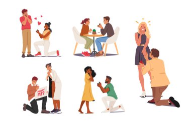 Evlilik teklifi ve beyaz arka planda izole edilmiş romantik çiftlerin olduğu bir çizgi film seti. Sevgili, vektör illüstrasyonuyla evlenme teklifi eden arkadaşına mücevher yüzüğü sunar.