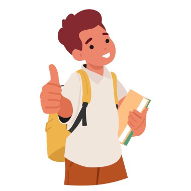 Gülen okul çocuğu çizgi film karakteri elinde okul çantası taşırken beyaz arka planda izole edilmiş başparmak resmi gösteriyor. Erkek öğrenci okul eğitimi vektör illüstrasyonunu tavsiye ediyor