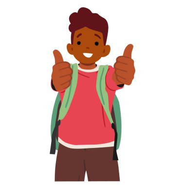 Öğrenci çizgi film karakteri, sırt çantasında başparmak hareketleriyle okul vektörü illüstrasyonunda motivasyon ve ilham hissediyor. İzole edilmiş heyecanlı öğrencinin portresi