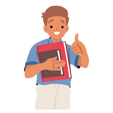 Hevesli öğrenci çizgi film karakteri baş parmak işareti tasdikliyor, izole edilmiş portreleri incelemek için ders kitapları taşıyor. İlkokul vektör ilüstrasyonunda eğitimin keyfini çıkaran pozitif çocuk.