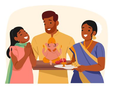 Diwali bayramını kutlayan Hint aile dualarınız kutlu olsun. Gülümseyen aile ve kız geleneksel kıyafet tepsisi ve kutsal nitelikler taşıyan karikatür.