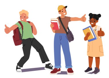 Okula hazır gülümseyen okul çocukları öğrenme fırsatının tadını çıkarıyorlar. Mutlu ilkokul kızları ve genç oğlanlar çalışma vektörü çizimlerinin memnuniyetini paylaşıyorlar.