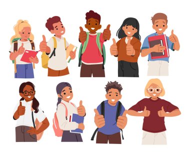 Mutlu gülümseyen okul çocuğu çizgi film karakterlerinin olduğu portreler beyaz arka planda izole edilmiş olarak başparmak kaldırıyor. Eğitmen illüstrasyonuna hazırlanan neşeli okul çocukları ve kızlar