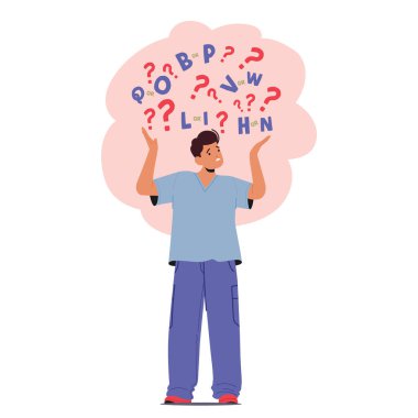 Disleksi vektör illüstrasyonu yüzünden dil öğrenme sorunu yaşayan mutsuz, hayal kırıklığına uğramış çocuk çizgi film karakteri. Beyaz arka planda izole edilmiş kaos harflerine bakan genç adam.