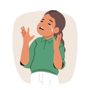 Üzgün, ağlayan kız çocuk çizgi film karakteri üzgün, yalnız ve stresli keder baloncuğu portresinin gözyaşlarını sergiliyor. Çocuklar mutsuz ifadeler, olumsuz tepkiler ve kötü ruh hali çizimleri.