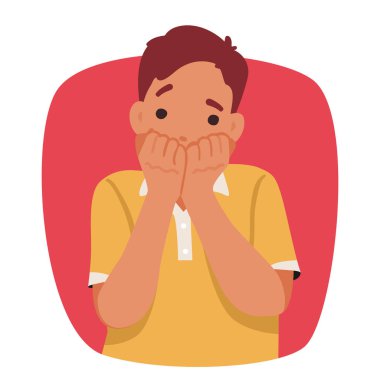 Korkak çocuk çizgi film karakteri ağzını kapatıyor. Çığlık atan baloncuk portresi tasarlamaktan kendini alıkoyuyor. Gergin erkek anaokulu çocuğu duygusal stres vektör çizimi hissediyor