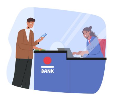 Mobil uygulamayla bankayı ziyaret eden erkek müşteri yüksek kaliteli hizmetler ve danışma karikatürü sahnesi için kadın kasiyerle konuşuyor. Mali kredi veya depozito açılış vektörü çizimi