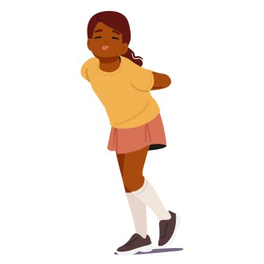 Tatlı komik kız çizgi film karakteri suratını buruşturup beyaz arka planda yalnız duran neşeli ve neşeli duygularını dile getiriyor. Pozitif kadın çocuk vektör illüstrasyonuyla dalga geçiyor