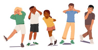 Sevimli kız ve erkek çocuklar çizgi film karakterleri suratlarını buruşturuyorlar, neşeli bir şekilde etrafta dolanıyorlar, izole edilmiş beyazlar üzerinde oynuyorlar. Şımarık, şakacı çocuklar. Masumiyet vektörü çiziminin tadını çıkarıyorlar.