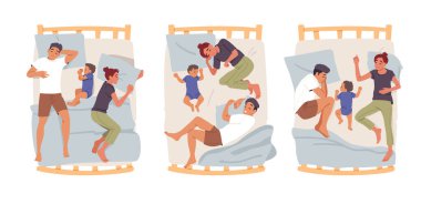 Mutlu bir aile yatarken bebekleri yatakta yatar. Farklı pozlar verir, bembeyaz olur. Huzurlu anne, baba ve yeni doğan çocuk gece uykusu çiziminin keyfini çıkarıyorlar.