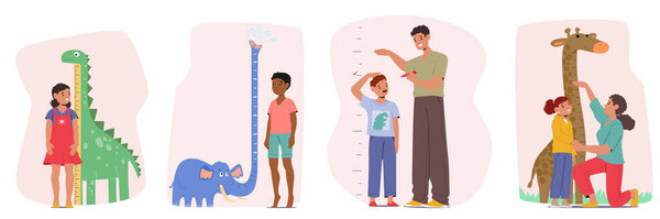 Очаровательное измерение роста детей с симпатичной линейкой и изолированным набором мультфильмов в масштабе стены. Дети в одиночку и с родителями обследования их тела полный размер чувство любопытства векторной иллюстрации