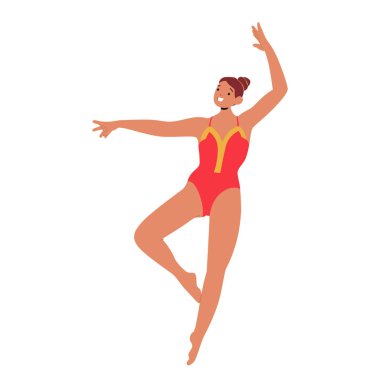 Dans ederken jimnastik kıyafeti giyen atletik bayan sanatçı beyaz arka planda izole edilmiş egzersiz yapıyor. Genç kadın akrobat aerobik performanstan zevk alıyor dinamik dans vektörü çizimi sunuyor