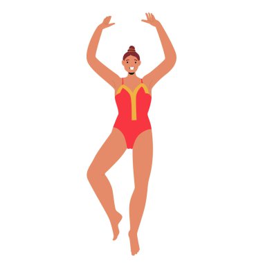 Cılız kadın dansçı çizgi film karakteri jimnastik kostümü giymiş esnek bir pozisyonda duruyor ve beyaz arka planda elini kaldırıyor. Genç dansçı rekabetçi performans çizimi