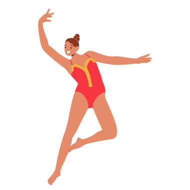 Genç gülümseyen çekici kadın jimnastikçi karikatür karakteri, beyaz arka planda izole bir şekilde havada dans ederek dans ediyor. Ritmik jimnastik yarışması performans temsili