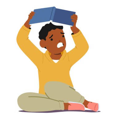 Öfkeli çocuk çizgi film karakteri kızgın ve sinirli duygusal stres hissediyordu. Okuma zorluğu çekiyordu. Öfkeli çocuk çizgi film karakteri, elinde vektör çizimi ile çığlık atarak kitap okuyordu. Çocuklar duygusal stres