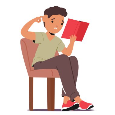 Kafası karışmış çocuk çizgi film karakteri sandalyeye oturmuş elinde kitap tutarken okuma, konsantrasyon ve vektör illüstrasyonunda sorun yaşıyor. Çocukların zihinsel sorunları var.