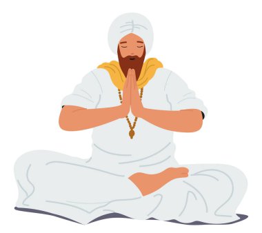 Geleneksel beyaz kostümlü Hintli guru öğretmeni lotus pozisyonunda dua ederek mantra meditasyon yapıyor. Ana çizgi film karakterinden esinlenerek bilgelik izole edilmiş vektör çizimi öğretildi