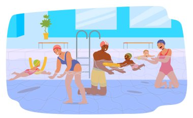 Farklı yaşlardaki genç yüzücülere havuzda yüzmeyi öğreten koçlar. Spor eğitim vektörü illüstrasyonu sırasında çocuklara yardım ve rehberlik eden öğretmen