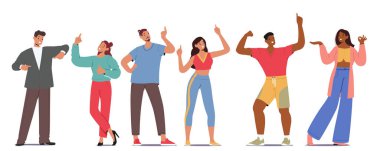 Çeşitli çizgi film karakterleri, izole edilmiş bir jest seti gösteriyorlar. İş adamı, sporcu erkek ve kadın, serbest çalışanlar, moda kızı önemli bir vektör illüstrasyonunu gösteren