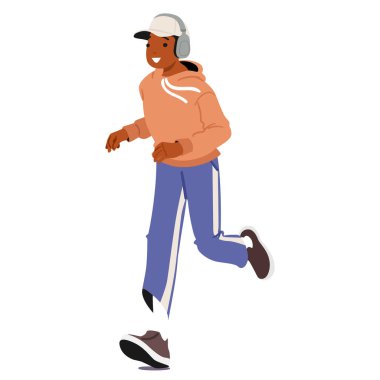 Genç çocuk çizgi film karakteri kulaklık takıyor ve günlük spor rutininin tadını çıkarıyor. Genç aktif yaşam tarzı ve eğlence fırsatı vektör çizimi