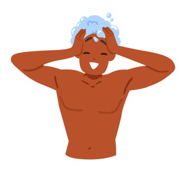 Mutlu gülümseyen, gevşemiş, kafasında şampuan köpüğü olan, saçlarını yıkayan, beyaz üzerinde izole edilmiş bir portre olan genç çocuk çizgi film karakteri. Duş alma ve banyo rutin vektör çizimi