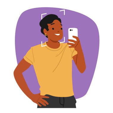 Genç adam çizgi film karakteri mobil cihaz ekranına bakıyor yüz doğrulama taraması uygulaması akıllı teknoloji vektör çizimi kullanıyor. Kişisel veri güvenliği için biyometrik tanımlama sistemi