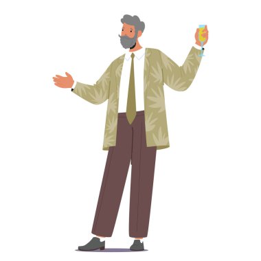 Şampanyasını yudumlayan, beyaz arka planda izole edilmiş şarap kadehi tutan zarif bir çizgi film karakteri. Ziyafet açılışı, eğlence buluşması, kutlama partisi vektör illüstrasyonu