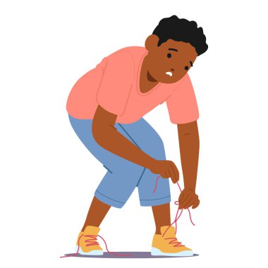 Ayakkabı bağcığını spor ayakkabılarına bağlamaya çalışan üzgün çocuk çizgi film karakteri beyaza izole edilmiş zor süreçler yaşıyor. Giyinirken özgüven vektör örneklemesi öğrenme