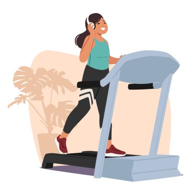 Aktif genç kız çizgi film karakteri ev vektör illüstrasyonunda koşu bandı hareketsiz spor makinesi kullanıyor. Evde egzersiz yapan çekici genç bir bayan. Güç ve dayanıklılık kazanıyor.