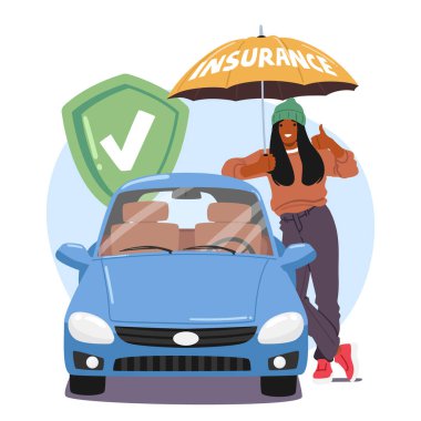 Araba ve seyahat sigortası illüstrasyonuyla korunan mutlu kadın müşteri memnuniyeti. Şemsiyenin altında duran kız, profesyonel çizgi film sahnesini tavsiye ediyor.