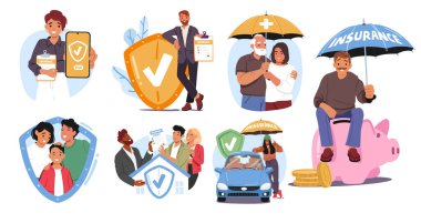 Finansal danışman, karikatür sahneleri için tıbbi sigorta ve sigorta hizmeti sunuyor. Finans, yaşam, sağlık, emlak, iş, seyahat ve araba koruma vektörü illüstrasyonu altında