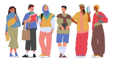 Farklı lise ya da üniversite öğrencileri ellerinde aksesuarları olan çok uluslu grup çizgi karakterleri beyazlar üzerinde izole bir şekilde duruyorlar. Çok ırklı gençler ve kızlar vektör illüstrasyonu