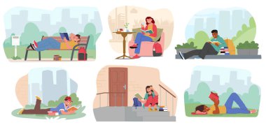 Deneyimli öğrenciler çocuk karakterler farklı yerlerde çizgi film setlerinde kağıt kitap okuyorlar. Öğrenci ve okul kızı kitap kurtları edebiyat bilgeliği vektör ilülasyonunun keyfini çıkarıyorlar.