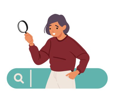 Genç kadın internet kullanıcısı çizgi film karakteri büyüteç araması ile İnternet tarayıcı arama çubuğuna bakarak dijital bilgi seçiyor ve iş arıyor.