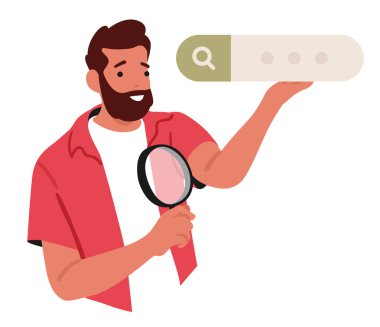 Beyaz arkaplanda izole edilmiş internet tarayıcı illüstrasyonunun arama çubuğu kutusundan soru sorulmasını bekleyen büyüteçle erkek çizgi film karakteri. Çevrimiçi araştırma çalışması kavramı