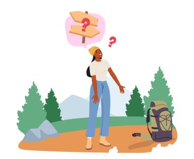 Kayıp kadın sırt çantalı, çizgi film gezgini, kafası karışmış ve rahatsız bir şekilde dağlarda gezinen vahşi doğa sahnesi. Bilinmeyen konum vektör illüstrasyonunda patika yolu arayan kadın turist