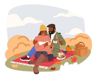 Karı koca sevdalısı çift güz parkında piknik yapıyor açık hava çizgi film sahnesinin tadını çıkarıyor. Kız arkadaş ve erkek arkadaş çay içip sandviç yiyorlar ve doğa vektörü çizimlerinin üzerinde dinleniyorlar.