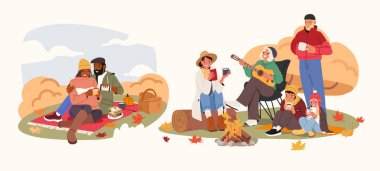 Mutlu aile çifti ve çocuklu ebeveynler güz pikniğinin tadını çıkarıyorlar doğa izole çizgi film setinde vakit geçiriyorlar. İnsanlar hafta sonu boş zaman etkinlik vektör çizimi yapıyor.