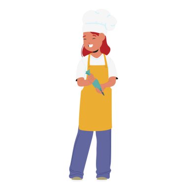 Neşeli kız çocuk çizgi film karakteri şef üniforması giyip aşçılık ustası sınıfına katılıyor ev yapımı hamur işi pişirme ve dekorasyon.