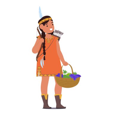 Şükran Günü kostümü giyen şirin küçük kız çocuğu beyaz arka planda izole edilmiş sonbahar üzümleri hasadı dolu meyve sepeti taşıyor. Geleneksel mevsimsel bolluk tatil vektör çizimi