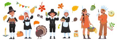 Şükran Günü çizgi film karakterleri geleneksel bayram dekoratif giysileri, sonbahar hasadı, vektör illüstrasyonu için tatlı atıştırmalıklar taşıyan sevimli şükran günü çizgi karakterleri. Mevsimlik selamlama