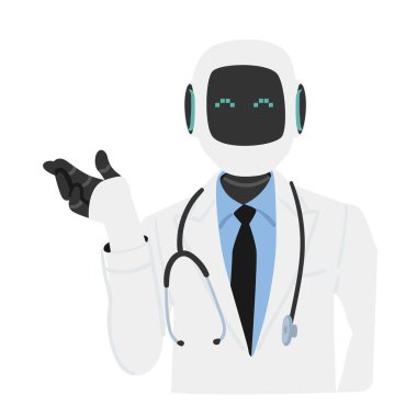 Tıbbi sohbet robotu sağlık danışmanı doktor önlüğü giyiyor. Yenilikçi yapay zeka teknolojisi tıpta izole edilmiş vektör ilüstrasyonunda yüksek kaliteli profesyonel hizmet sunuyor