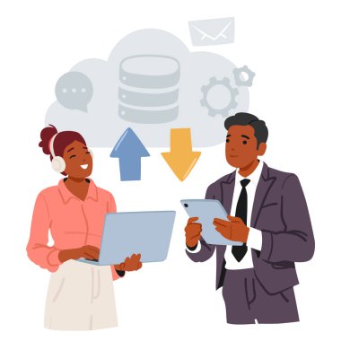 İş adamları ortak karakterleri dijital veri alışverişi için bulut servisini kullanıyor, dosyaları indiriyor ve yüklüyor, belgeleri veritabanı depolama karikatürü çizim sahnesine kaydediyor