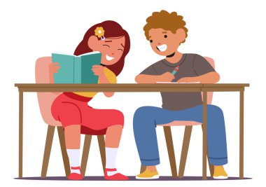 Eğlenceli, heyecanlı okul çocukları ödevlerini birlikte yapan mutlu karakterler birlikte ders hazırlarken beyaz masada izole bir şekilde oturuyorlar. İlköğretim yaşı sınıf arkadaşları eğlence vektörü illüstrasyonu